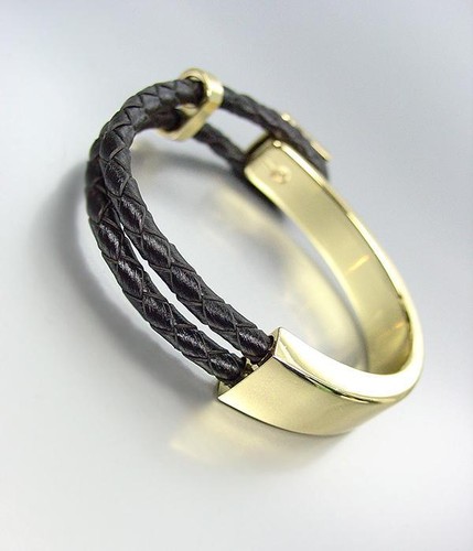 UNIQUE Gold Spike Stud Black Braided Leather Cords Loop Clasp Bracelet - Picture 4 of 5
