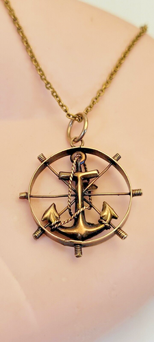 Victorian 9K Rose Gold Anchor Wheel Two Sided Charm Pendant On 18 Inch GF Chain - Picture 2 of 10