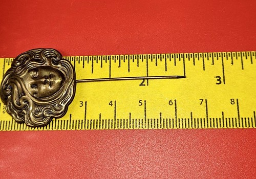Art Nouveau Stick Lapel Pin Victorian Lady Face Flowing Hair Antique Woman Round - Picture 4 of 7