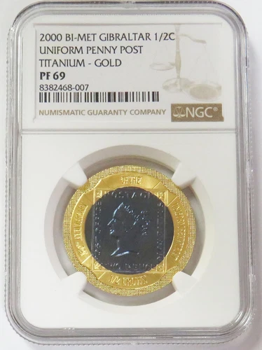 2000 GOLD & TITANIUM GIBRALTAR BI-METAL 1/2 CROWN UNIFORM PENNY POST NGC PF 69
