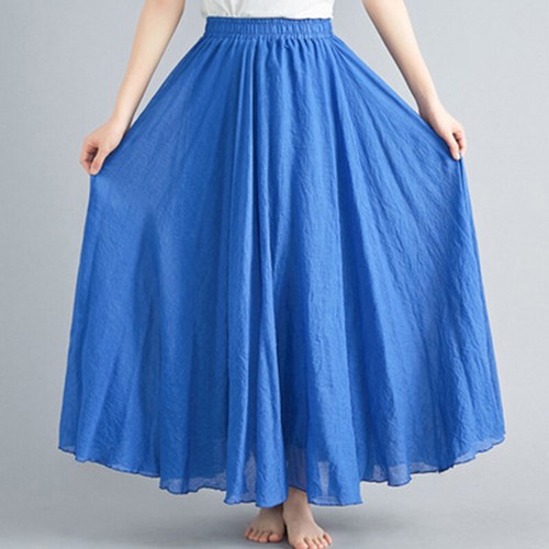 Women Lady Cotton Linen Pleated Maxi Long Beach Boho Skirt Vintage Casual Dress^ - Picture 13 of 24