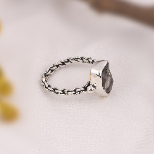 Natural Rough Herkimer Diamond Ring 925 Sterling Silver Oxidized Braided Band - Picture 3 of 11