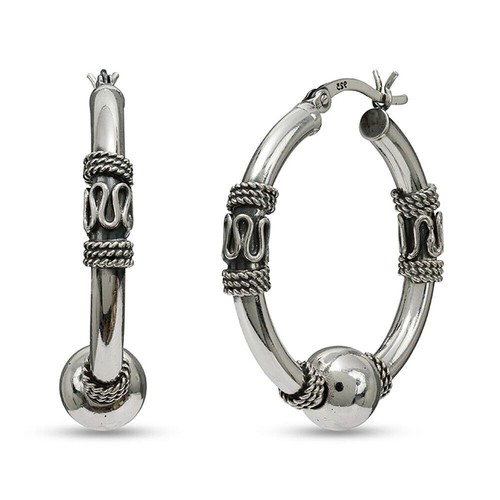 925 Sterling Silver Jewelry Bali Click-Top Medium Hoop Earrings for Women 30 mm - Picture 3 of 7