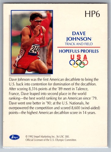 1992 Impel U.S. Olympicards #HP6 Dave Johnson USA Track and Field Olympics Card - Picture 2 of 2