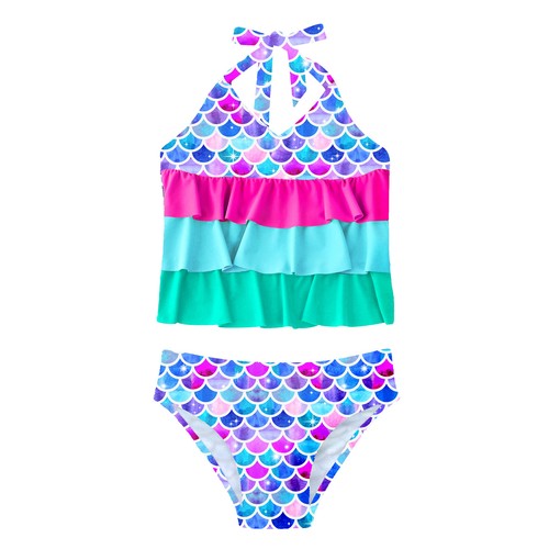 Girls Swimming Suit V Neck Halter Neck Sleeveless Fish Scales Print Tops+Briefs - Picture 11 of 28