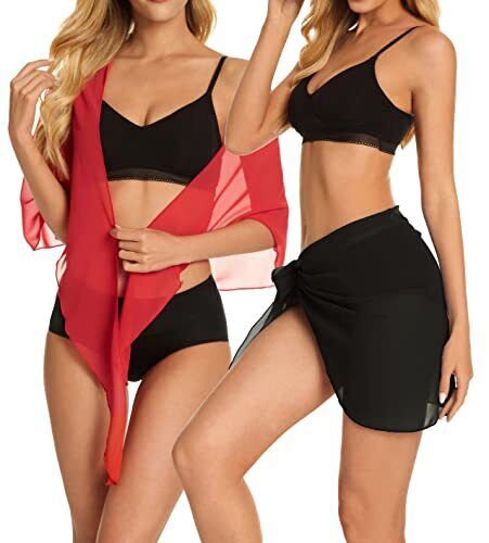 2 Pieces Women Beach Sarong Bathing Suit Wrap Skirt Sheer Black & Bright Red - Picture 2 of 5