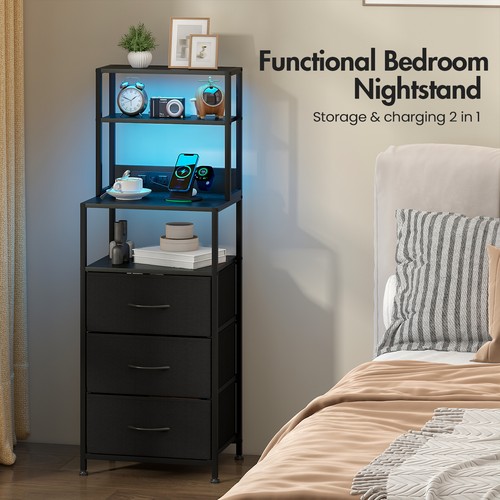 LED Bedside Table with Charging Station 3 Fabric Drawers Nightstand Black - Picture 8 of 13