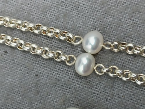 Vtg 925 Sterling Silver Freshwater Pearl Rolo Chain Link Y Drop Necklace 17.5" - Picture 8 of 10