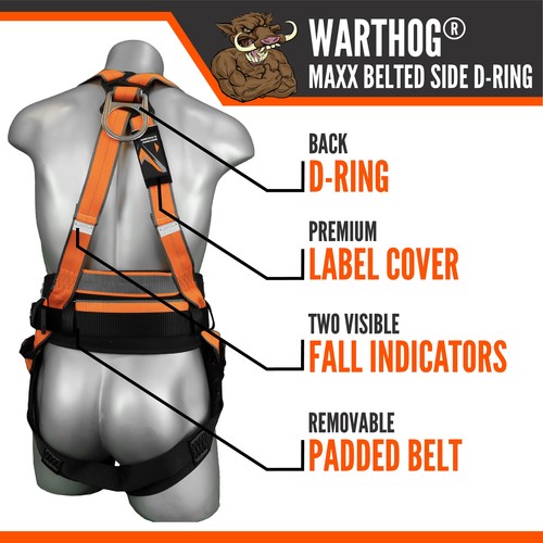 Warthog MAXX Side D-Ring Fall Protection Safety Harness with Removable Safety... - Picture 4 of 7