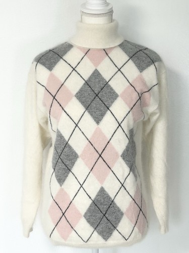 Lands’ End Lambswool Angora Rollkragen Pullover Gr. 4/XS Creme Rosa Grau Argyle