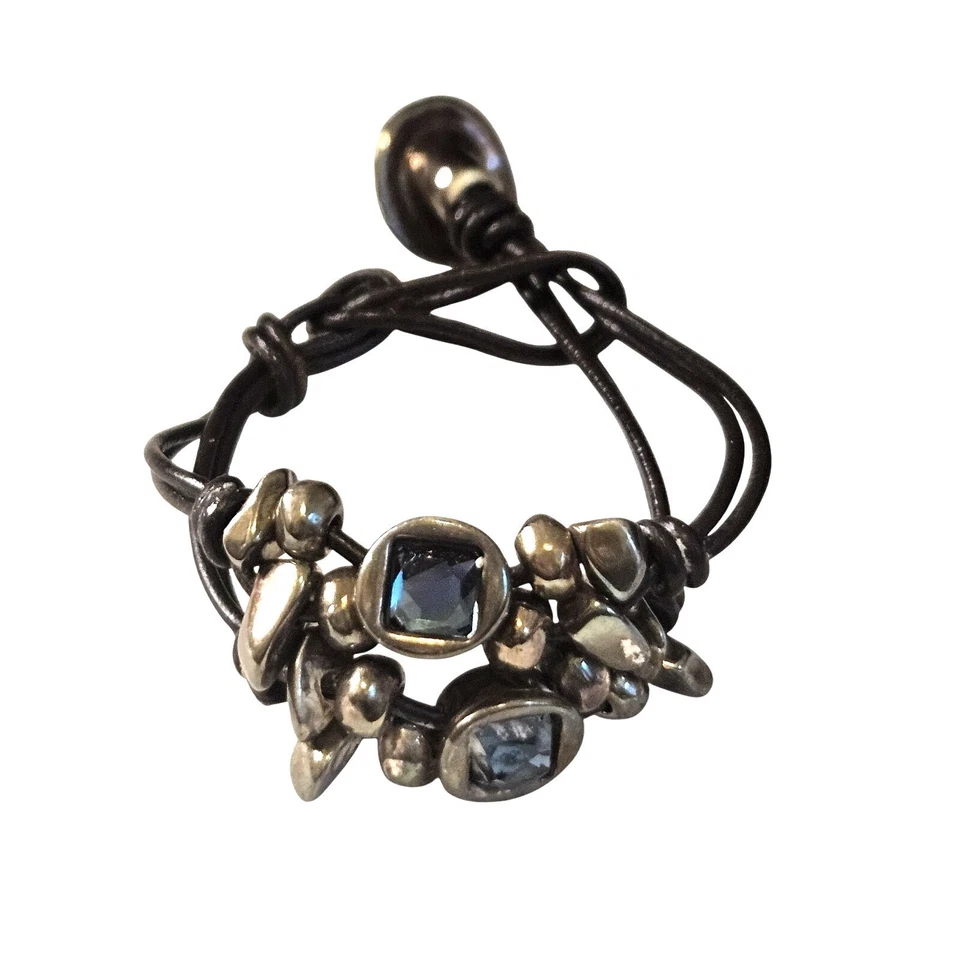 Pulsera Uno de 50 Cuero 6.5" Azul Cristales Swarovski Cuentas Plateadas Foto 3 de 4