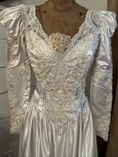 Vtg 80s Ivory Satin Beaded Wedding Gown Dress Train Puff Sleeve Princess