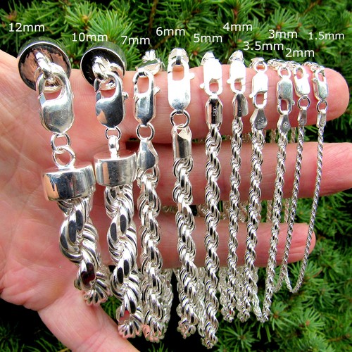 Solid 925 Sterling Silver Diamond Cut Rope Chain Hip Hop Necklace Bracelet Italy - Picture 23 of 69