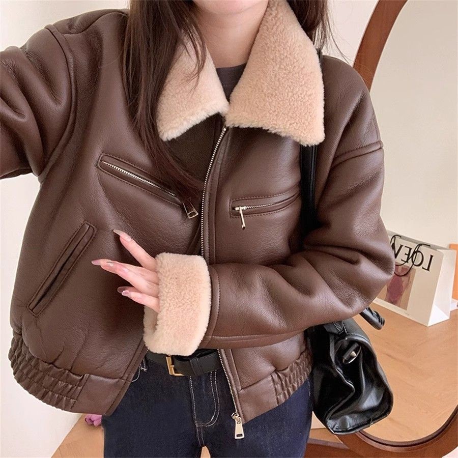 Women's Jacket 100% Lamb Wool Fur Leather Coat Fur Lapel Collar