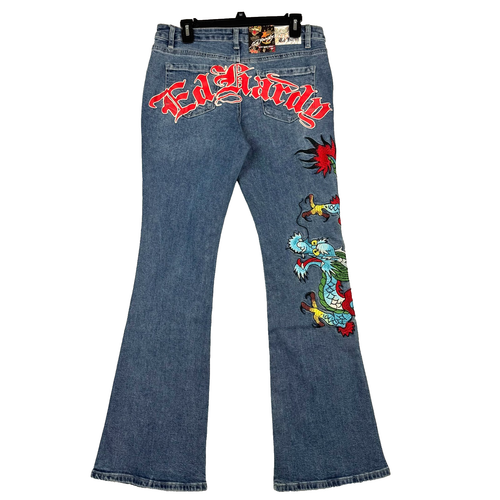 Bota de tiro bajo Ed Hardy para mujer 30 pantalones de mezclilla bordados dragón con estampado trasero *NUEVA CON ETIQUETAS*