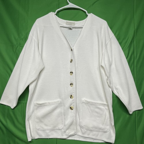 Vintage Express Trikot Strickjacke Damen klein weiß Knopfleiste Taschen 80er 90er