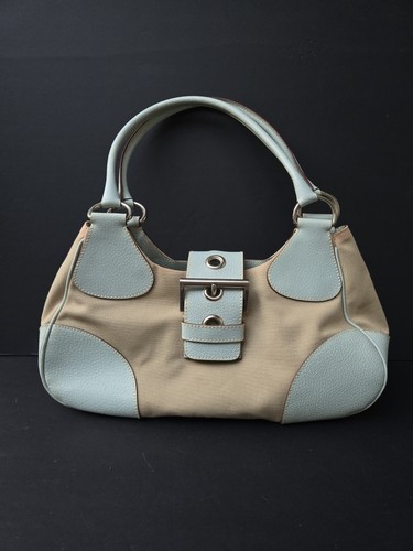 PRADA Tasche Semitracolla Lederbesatz Canvas hellblau/beige