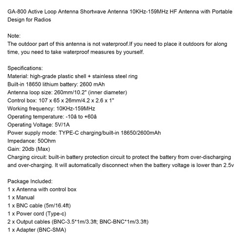GA-800 Active Loop Antenna Shortwave Antenna 10KHz-159MHz HF Antenna for Radios - Picture 7 of 14