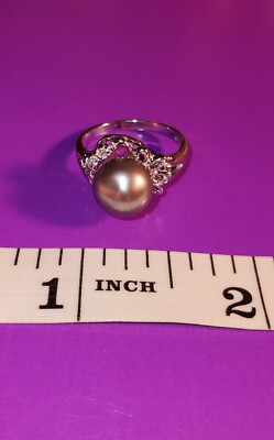 18 K White Gold VINTAGE 1990S 18KP WHITE GOLD TAHITIAN PEARL RING TWO DIAMONDS 