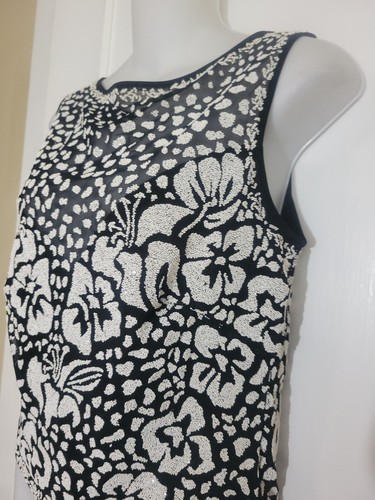 TADASHI Beaded Sleeveless TOP, Size L, Black & White Floral, Mesh, Lined Bodice - Picture 2 of 7