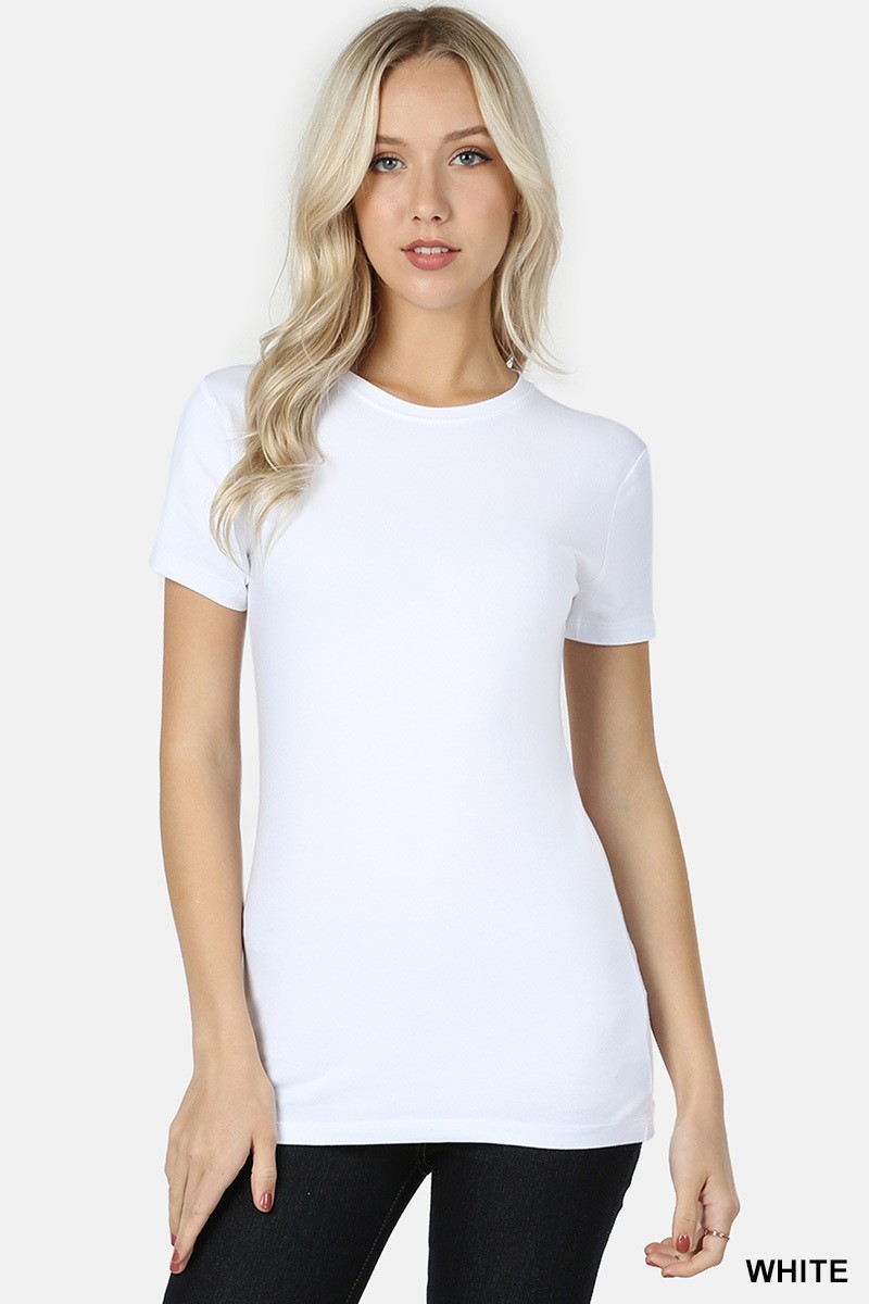 SHORT SLEEVE CREW NECK Basic Women T-Shirt Cotton Long Top Fitted Plain Stretch