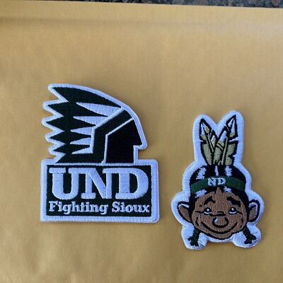 #ad 2 UND University of North Dakota Fighting Sioux iron on embroidered patch lot $10.59