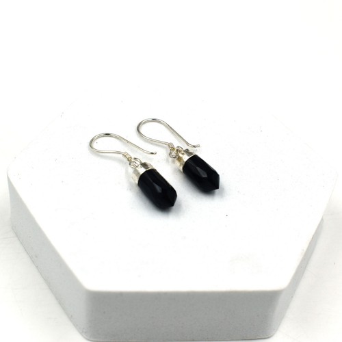 Pencil Point Black Onyx Dangles Sterling Silver Plated Brass Handmade Earrings - Picture 4 of 4