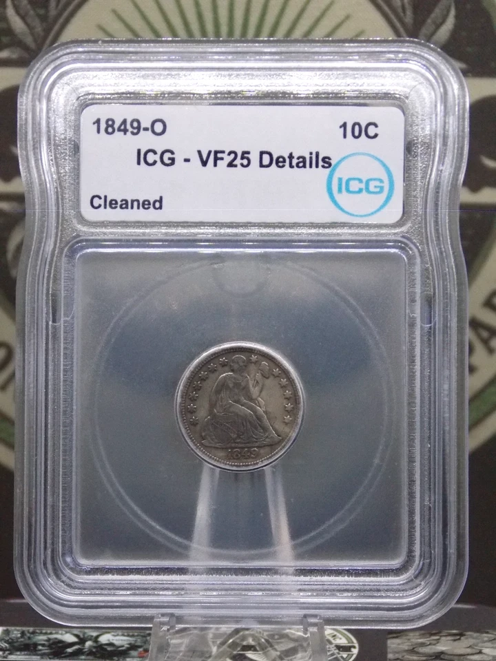 Moneda de diez centavos de plata libertad sentada 1849 "O" 10c ICG VF25 detalles #501 muy fina ECC&C Foto 3 de 4
