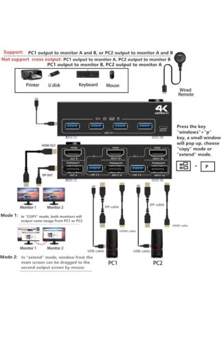 DP HDMI USB 3.0 KVM Switch 2 Computer 2 Monitors, Dual Monitors Displayport KVM - Picture 2 of 7