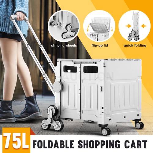 Foldable Shopping Cart Trolley Basket Luggage Grocery Storage Rolling Crate 75L - Picture 2 of 12