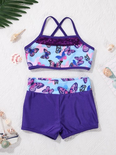 Mädchen 2 Stück Glänzend Meerjungfrau Top BH mit Shorts Sets Tanz Gym Sport Outfit - Bild 88 von 99