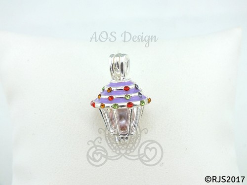 Purple Cupcake Pearl Cage Pendant Necklace Silver Charm Holds Gem - Picture 3 of 16