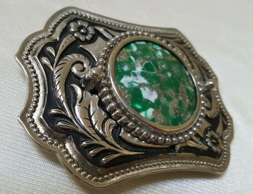 Silvertone & Black with Green White & Silver Inset Belt Buckle USA Used VG - Picture 3 of 6