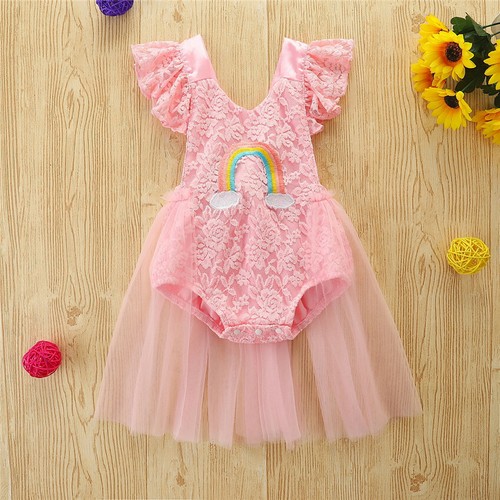 Baby Girl Rainbow Outfits Sleeveles Romper Bodysuits Ruffle Lace Tutu Dress - Bild 3 von 15