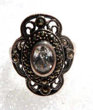 VINTAGE ART DECO STERLING SILVER CLEAR CZ / MARCASITE BAND RING  SIZE 6.75