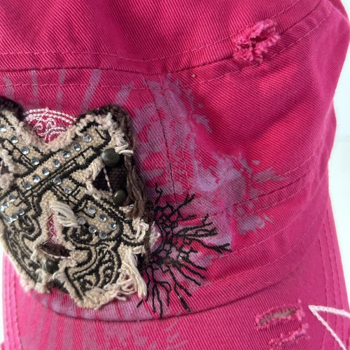 Leader LOGA Pink Pistols Rhinestone Cap Military Cadet Hat Distressed Streetwear - Picture 10 of 16