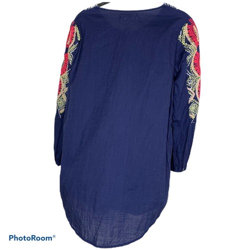 Anthropologie Hei Hei Embroidered Tunic Blue Red Size 8 Button Down Shirt - Picture 5 of 9