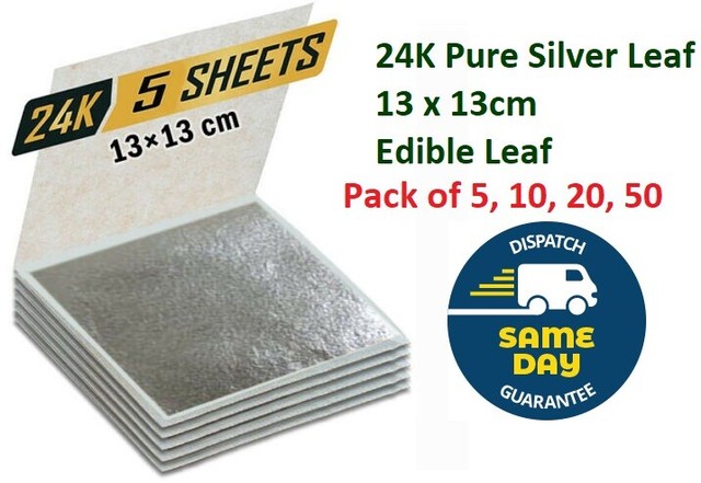Edible Silver Leaf Pure Sheet Extra Large Sheet 24K Pure Silver 13 X13cm UK Best Edible Silver Leaf Pure Sheet Extra Large Sheet 24K Pure Silver 13 X13cm UK Best