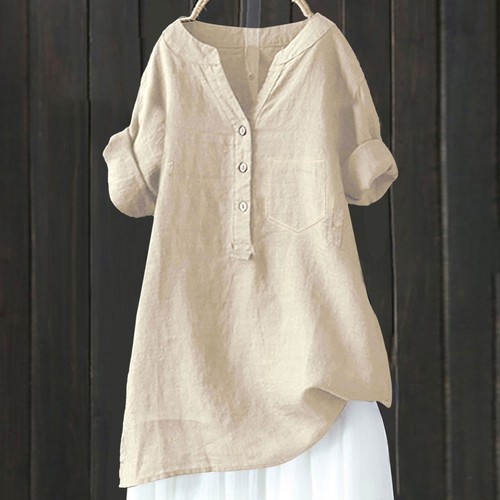 Women's V-Neck Short Sleeve Cotton Linen Blouse Top Lightweight Summer Shirt - Picture 6 of 51