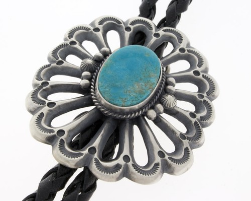 Natural Royston Turquoise Bolo Tie By Navajo Artist Harrison Bitsue - Picture 2 of 4