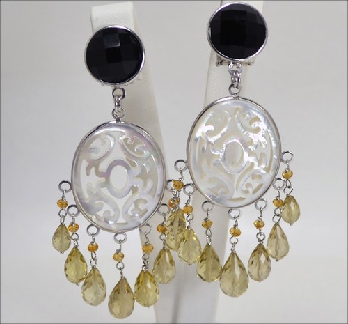 Pendientes de Plata 925 Con Ónix Cuarzo Humo Y Nácar Colgantes Aght 0249 - Imagen 1 de 3