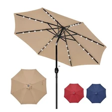 9ft Solar Umbrella 32 LED Lighted Umbrella with Push Button Tilt for Garden Tan