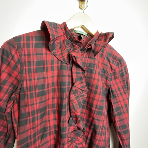 Lauren Ralph Lauren Womens Blouse Ruffle Long Sleeve Button Red/Black Plaid S - Picture 3 of 5