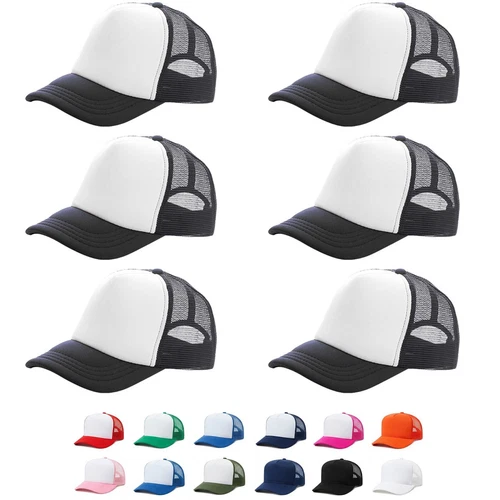 6 Pack/Pieces Trucker Caps Plain Hat With Front Foam Mesh Adjustable Unisex Bulk