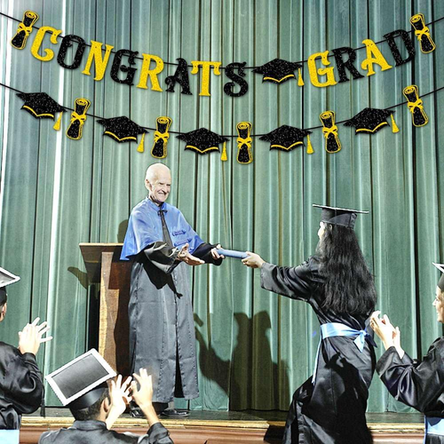 Congrats Grad Banner Gold Black Glitter Congrats Grad Graduations Party Banner G - Picture 7 of 12