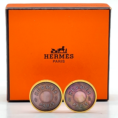 Auth HERMES Earrings Shell Coin Motif Gold Serie Black Shell W/Box SKS110028