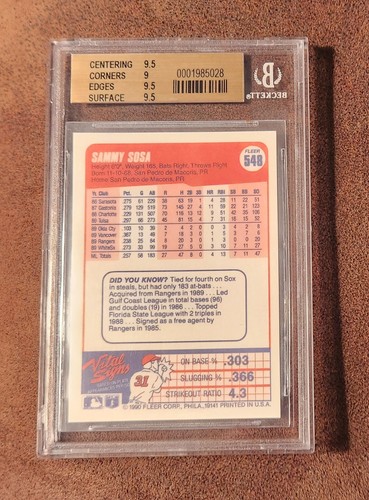 SAMMY SOSA RC 1990 FLEER ROOKIE CARD#548 GRADED GEM MINT BGS 9.5 WHITE SOX RC - Picture 2 of 2