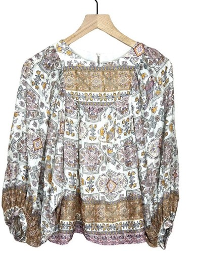 ANTHROPOLOGIE Flora Neutral Balloon Sleeve Silk Blouse Top Size S Cats And Birds - Picture 14 of 16