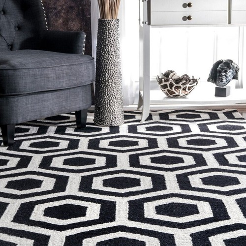 Black and White Hand Tufted Trellis Wool Area Rug Hand Tuft Rugs Hand Tufted Rug - Picture 3 of 5