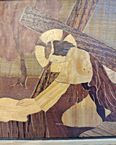 Vintage Inlaid Wood Handmade Picture - 10 3/4" x 9" Jesus Carrying Cross - Picture 7 of 8